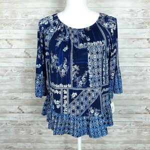 Style & Co Blouse PM Top Blue Floral Boho 449